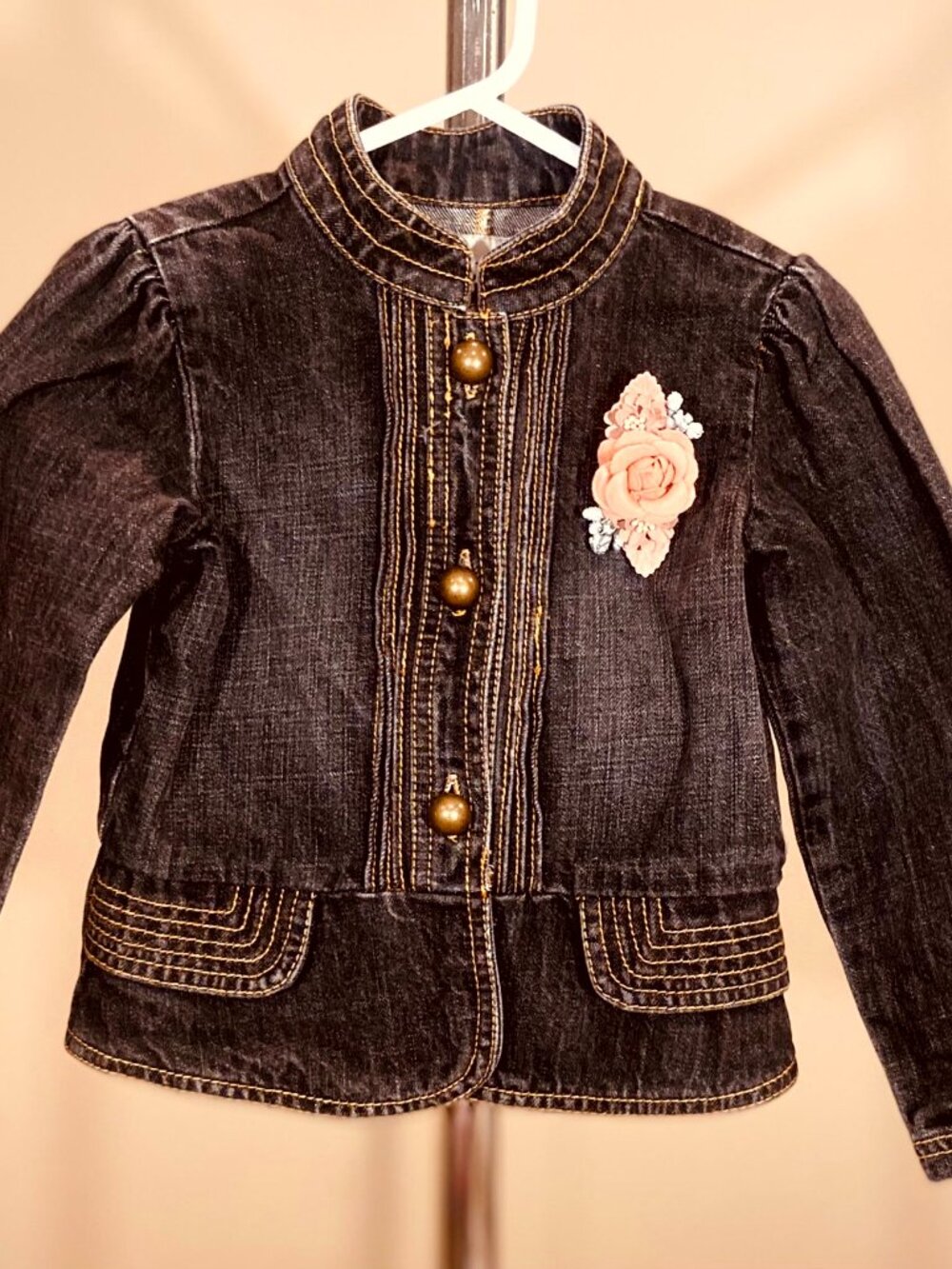 Reclaimed Dark Denim Jacket Size 4T - With Rose Brooch - By Poppy & Princess